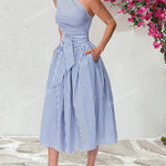 Women'S Casual Loose Fit Striped Sleeveless Dress with Belt, Off the Shoulder Collar, Side Pockets - Perfect for Spring/Summer