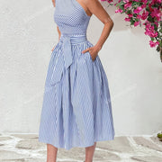 Women'S Casual Loose Fit Striped Sleeveless Dress with Belt, Off the Shoulder Collar, Side Pockets - Perfect for Spring/Summer