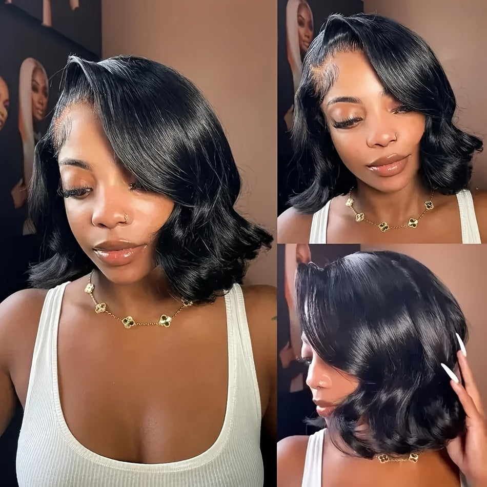 4x6 Lace Framing Short Wavy Bob Wig - Invisible Knots 3D Body Wave Human Hair Wig, 220 Density Shoulder Length Natural Look for Women, Elegant Style Fits All Ethnicities, Versatile Hairpiece, Sophisticated Hairpiece