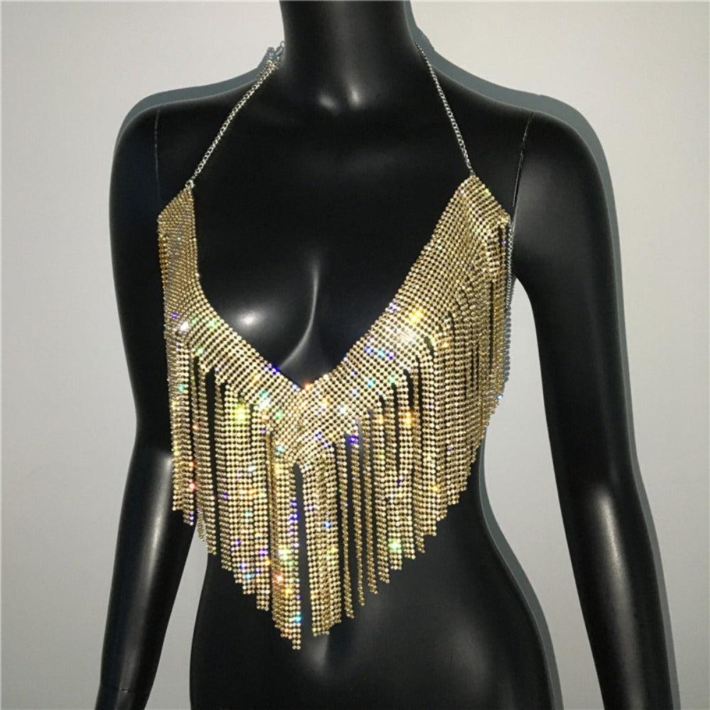 Glamorous Golden-Tone Rhinestone Tassel Necklace - Luxurious Alloy Crop Top with Sparkling Fringe Detail, Perfect for Parties & Celebrations