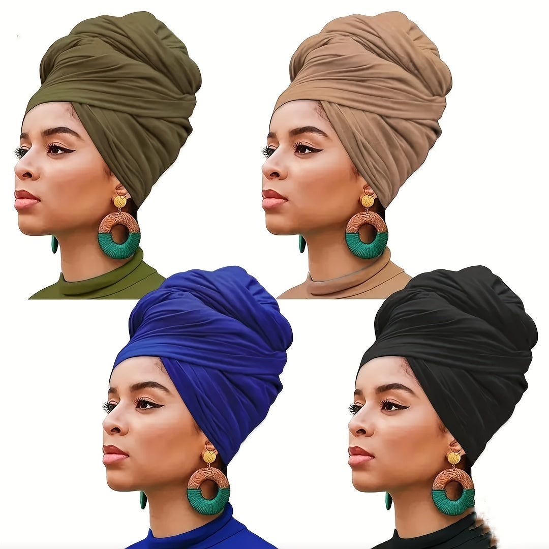 Set of 4 Bohemian Style Pleated Head Wraps, Elegant Solid Color Turban Caps, Breathable And Ultra Soft Extra Long Headbands for Women