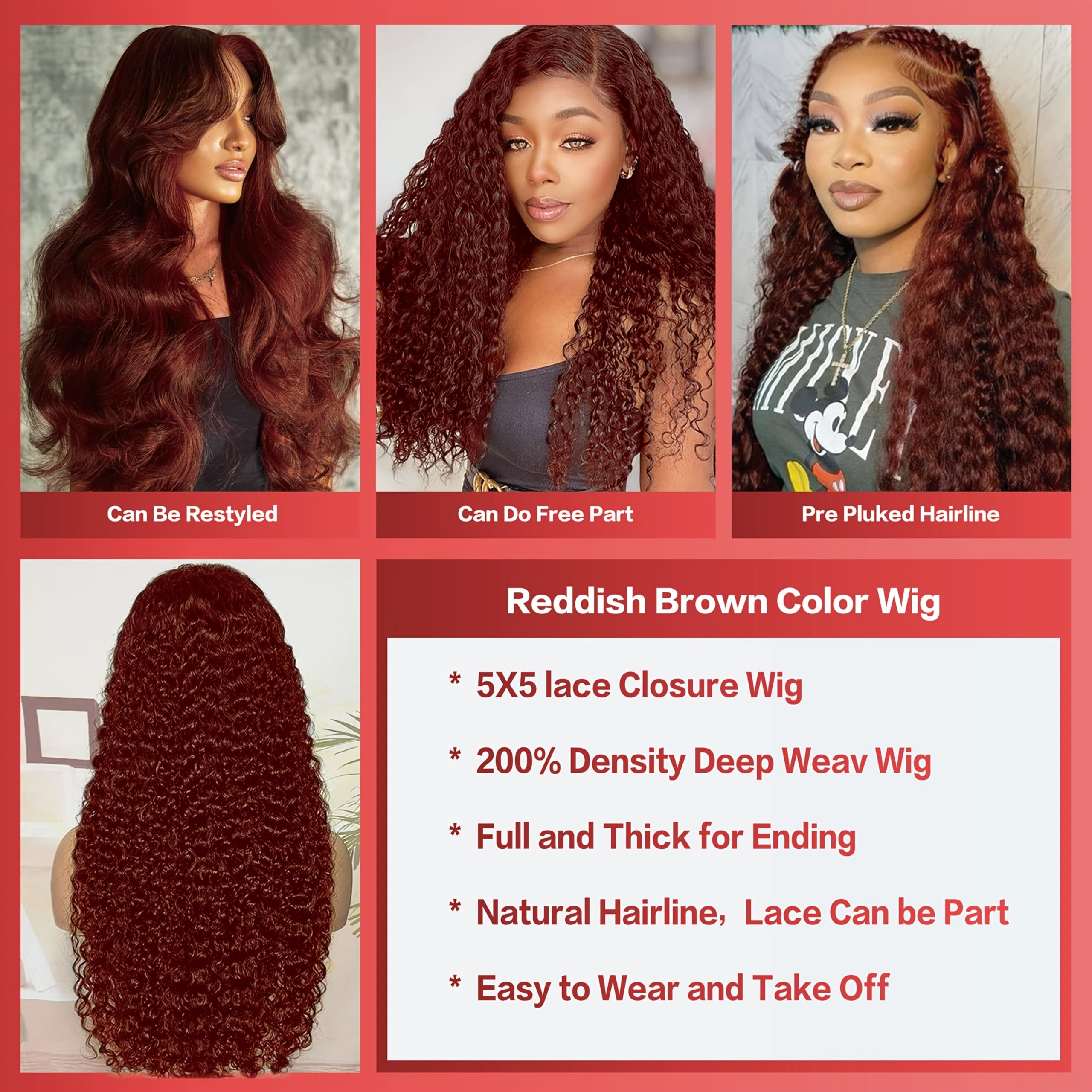 Easter Special Offer 180 Density 5x5 Red Brown Dark Wavy Front Wig 5x5 Glueless HD Lace Front Wig Colorful Curly Lace Closure Front Human Hair Wig