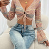 Space Dye Drawstring Front Knitted Pullover - Elegant Flared Long Sleeve Scallop Trim Crop Top - Women's Clothing - For Women - Suitable for Casual Wear - Perfect Gift for Fashionable Ladies
