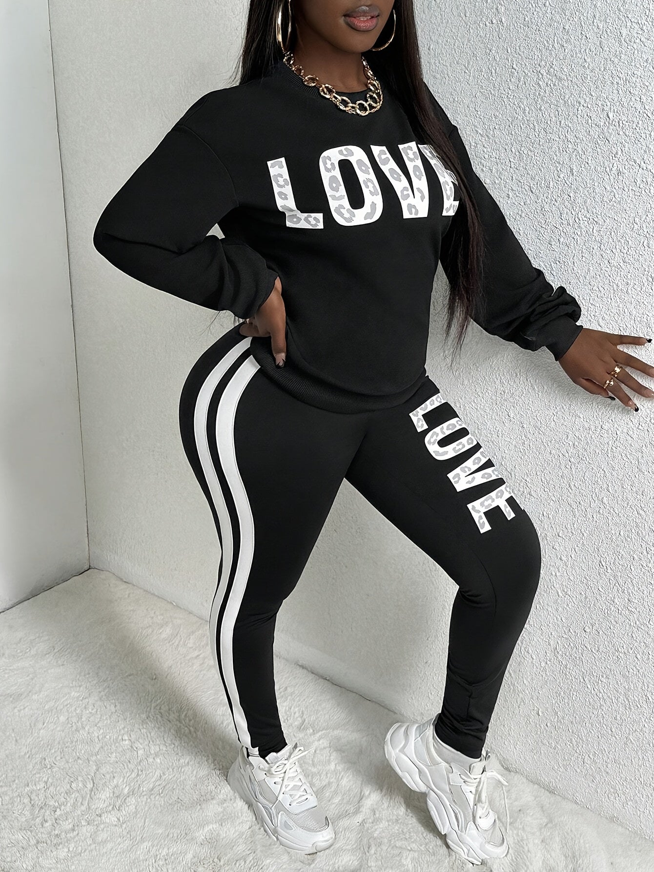 Women Casual Leopard & Letter Print Short Sleeve Top And Pants 2pcs Sports Set
