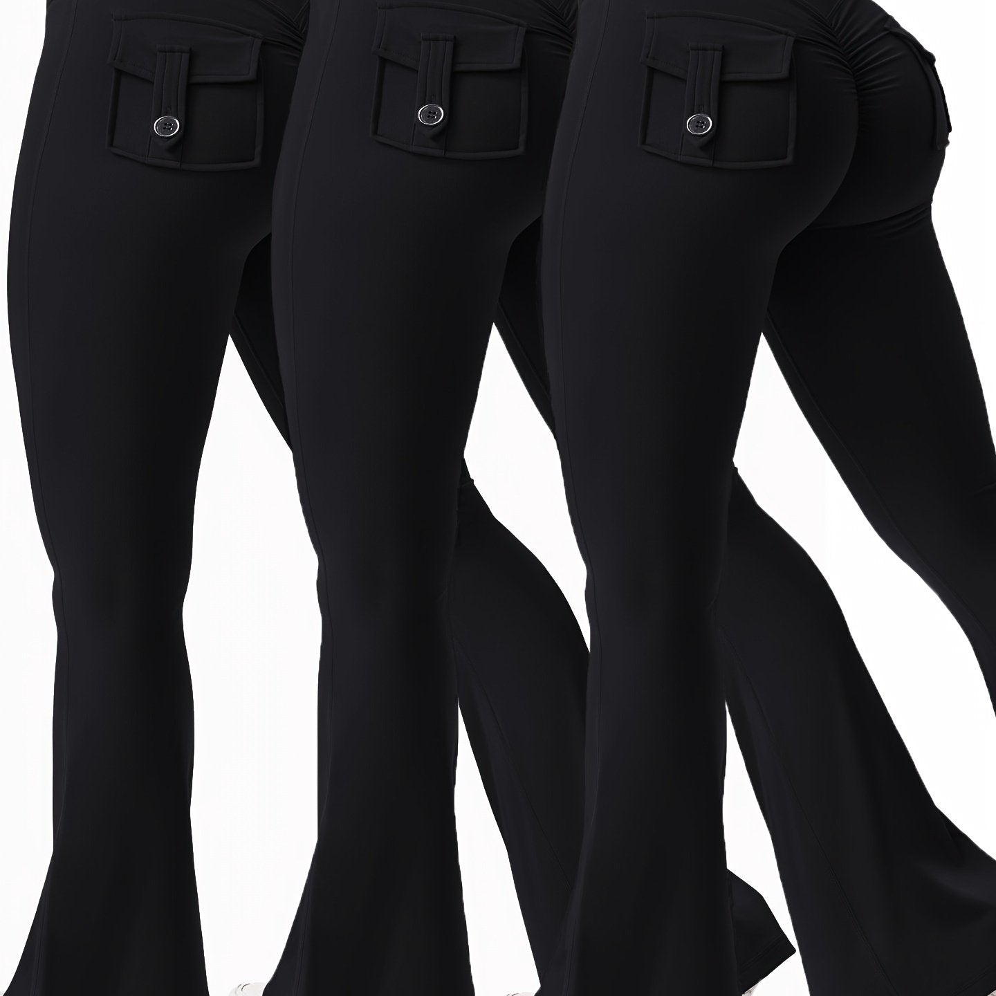 3pcs Women's High Elasticity Yoga Pants with Pockets - Soft Flared Leg Workwear-Style Fitness Pants, Elastic Waistband Tight-Fit Butt-Lifting for Running, Gym & Casual Wear (Black/Grey/Brown), Running Attire | Highwaisted Fla