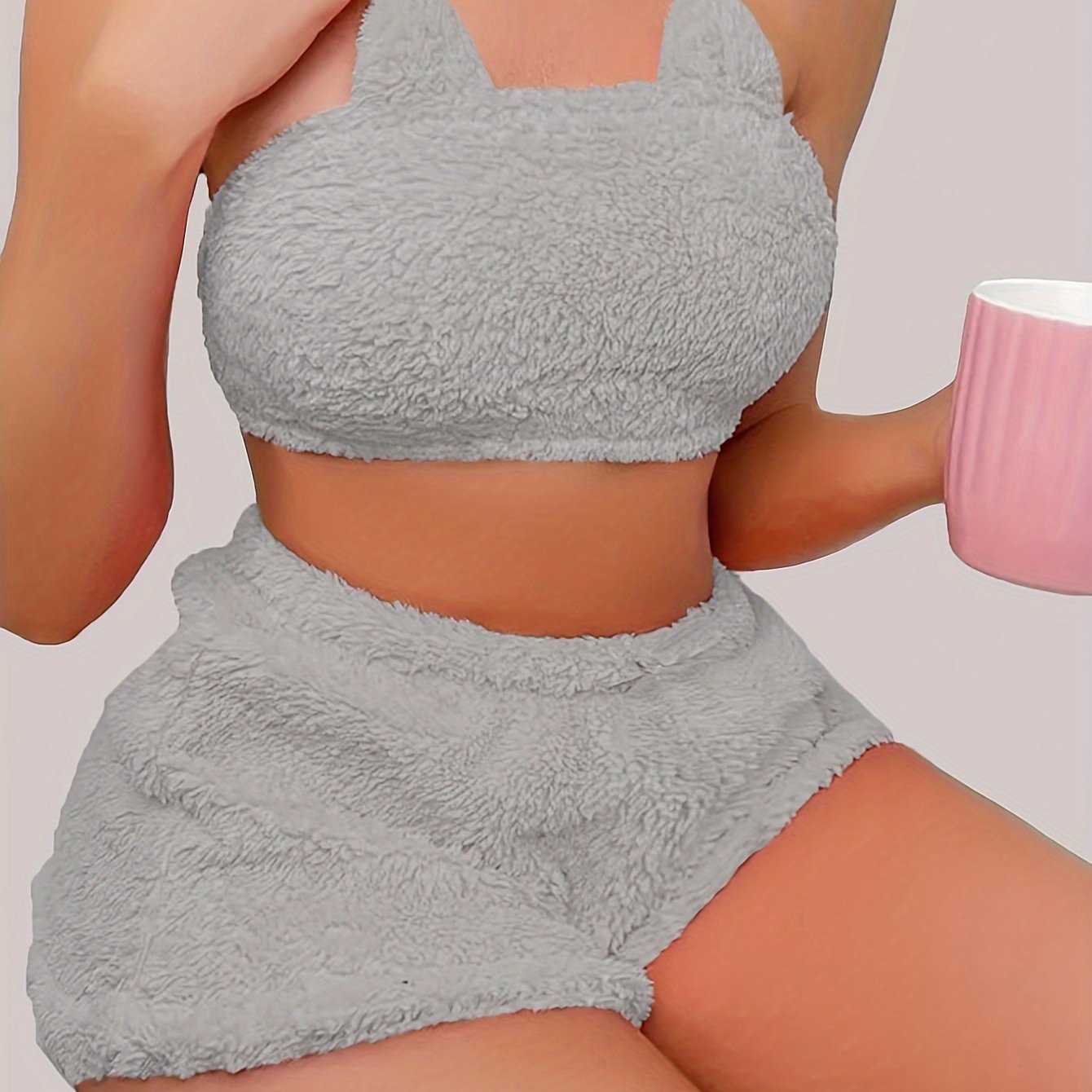 Plush Lounge Set - Sexy Solid Tube Crop Top & Elastic Shorts - Women's Fall & Winter Loungewear