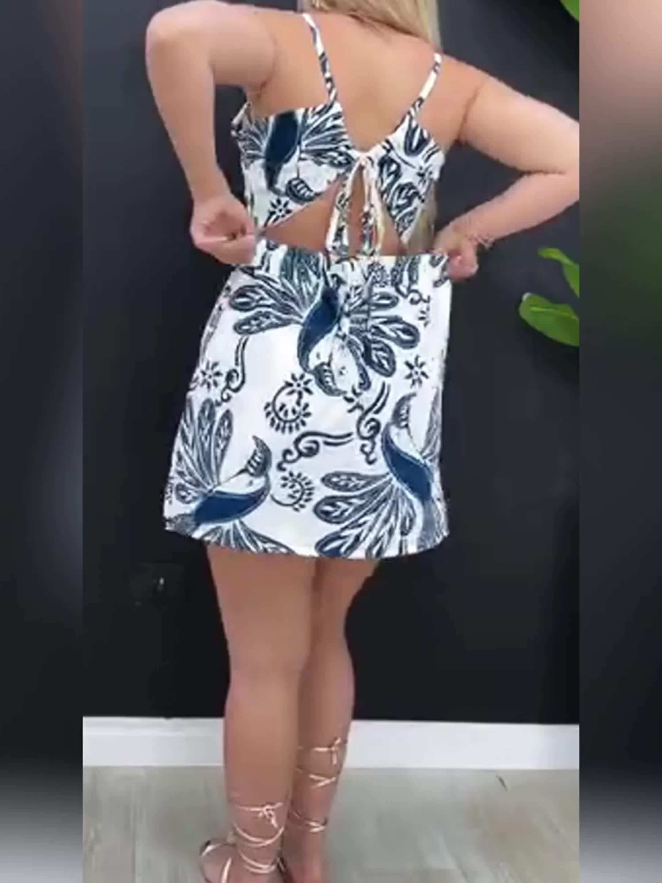 Women's Tropical Floral Print Square Neckline Backless Romper - Elastic Waist & Adjustable Back Open Design, Lightweight Breathable Wide-Leg Short Romper for Spring/Summer Casual Outings, Versatile Clothing, Fashionforward Lo