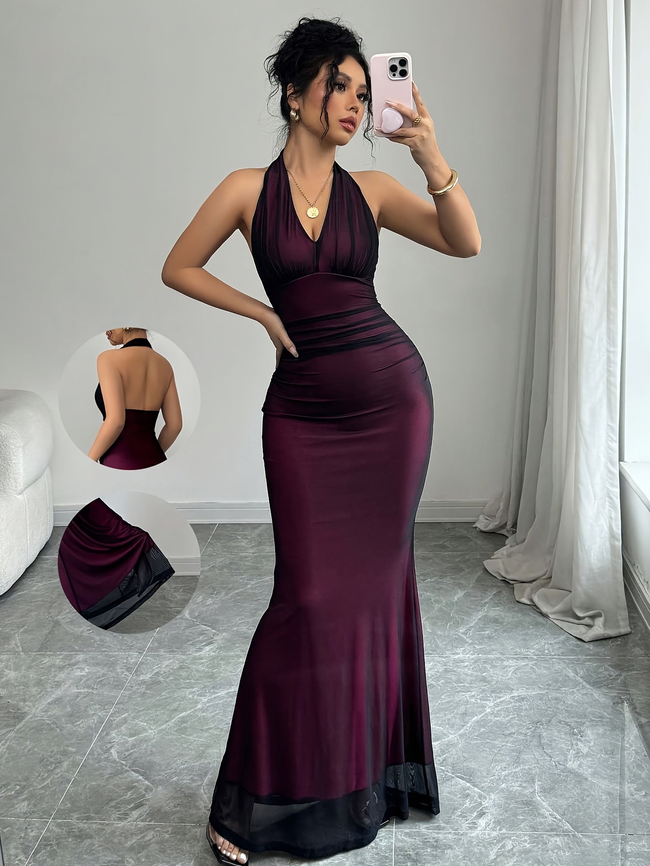 Women's Elegant Sexy Backless Bodycon Mermaid Dress - Stretchy V-Neck Long Sleeveless Evening Gown, Machine Washable Solid Color Floor-Length Formal Party Dress for Spring/Summer, Formal Evening Wear | Mermaid Style Gown | Sm