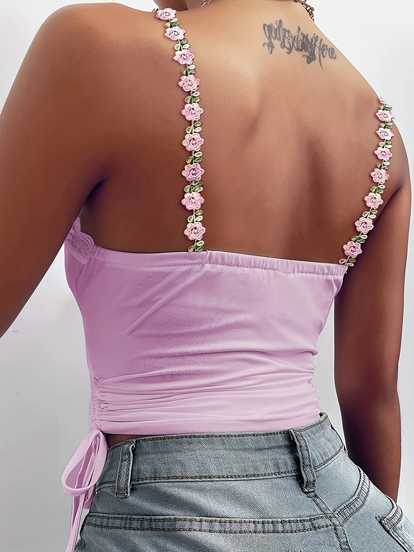 [Solid Color Sleeveless Vest Top] Women'S Floral Lace Trim Ruffle Hem Spaghetti Strap Tank Top, Polyester Knit Fabric, Solid Color Sleeveless Vest for Summer