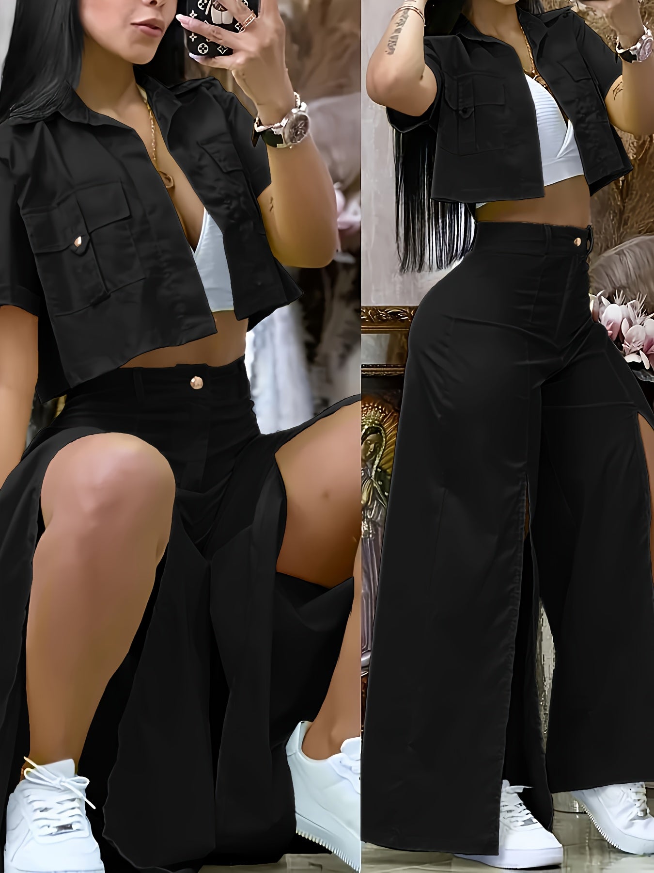 [Vibrant Yellow Set] Two-Piece Vibrant Yellow Women's Casual Set - Short Sleeve Button-Up Shirt & High-Waist Wide-Leg Pants with Thigh-High Slit, Polyester, Machine Washable