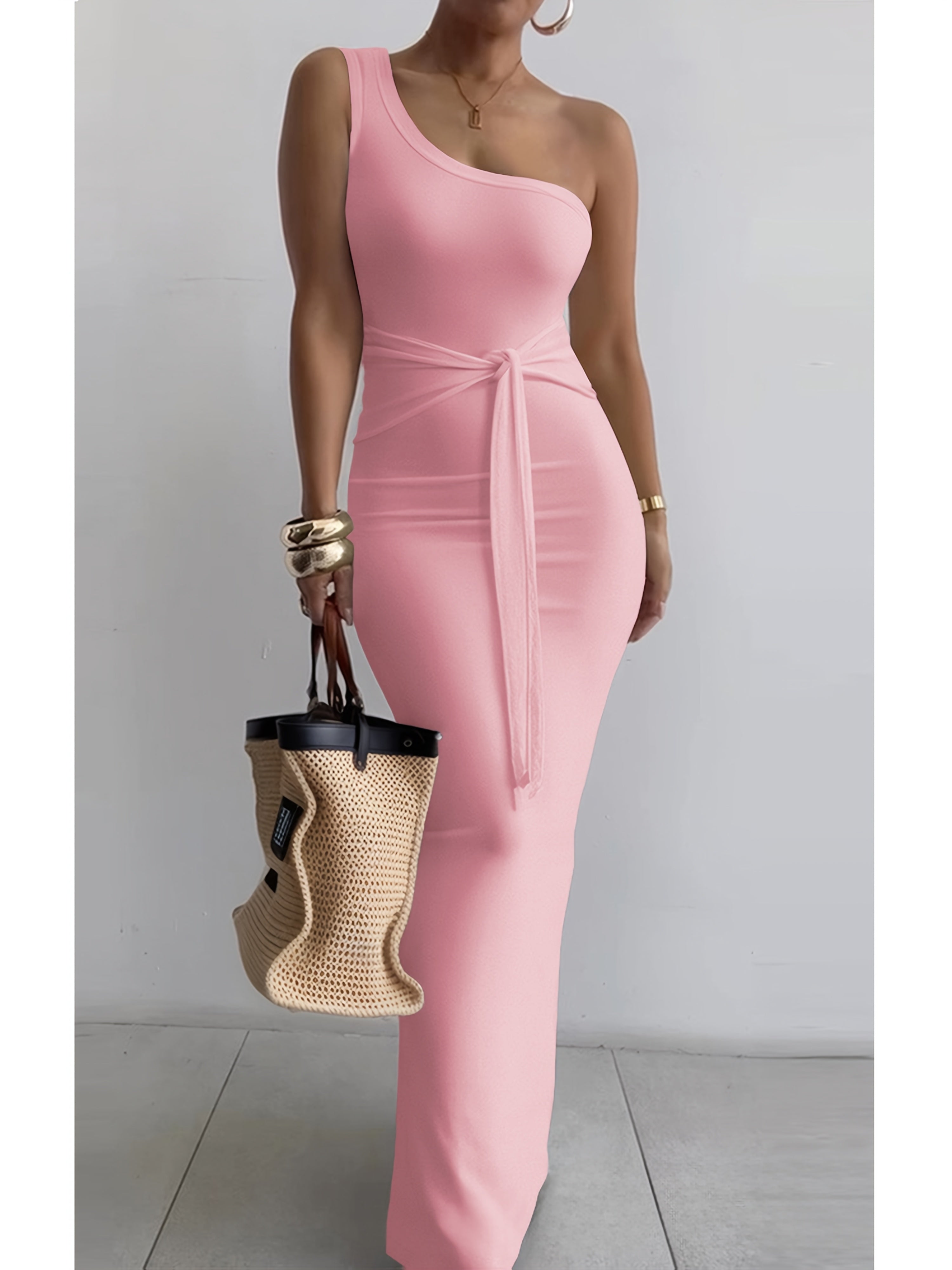 Women's Summer One-Shoulder Waist Tie Slim-Fit Pencil Dress - Sleeveless Elegant Solid Blue Long Dress for Casual & Formal Occasions