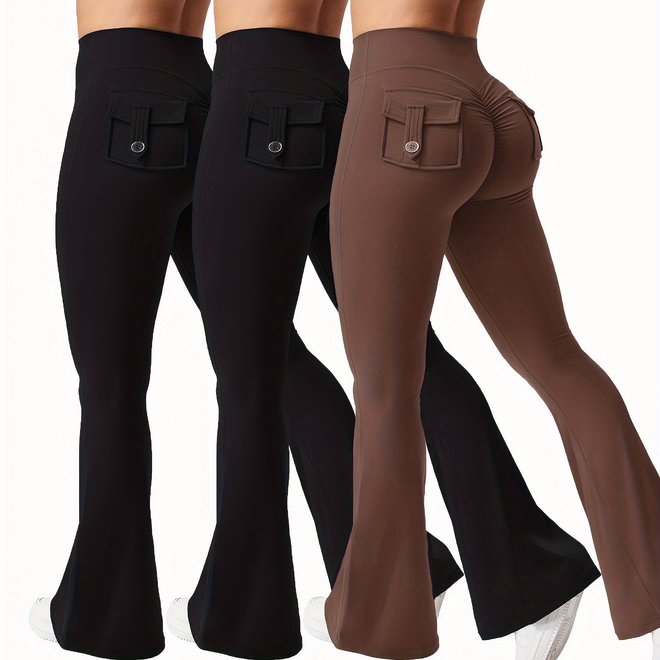 3pcs Women's High Elasticity Yoga Pants with Pockets - Soft Flared Leg Workwear-Style Fitness Pants, Elastic Waistband Tight-Fit Butt-Lifting for Running, Gym & Casual Wear (Black/Grey/Brown), Running Attire | Highwaisted Fla