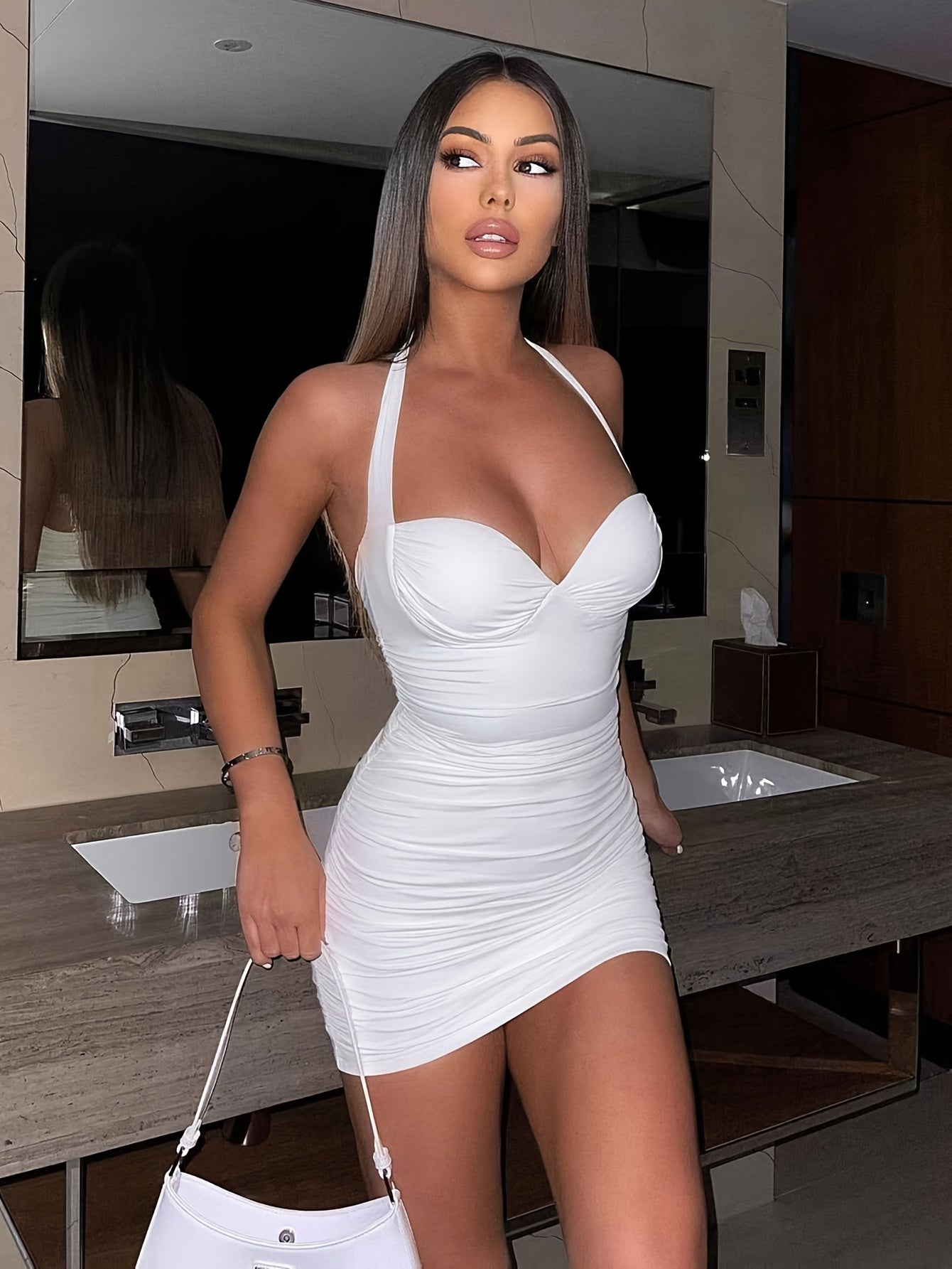Elegant White Backless Halter Dress for Women - Sexy Ruched Bodycon with Tie Waist, Sleeveless Midi Dress for Summer, Spring, and Fall, Off Shoulder Dress