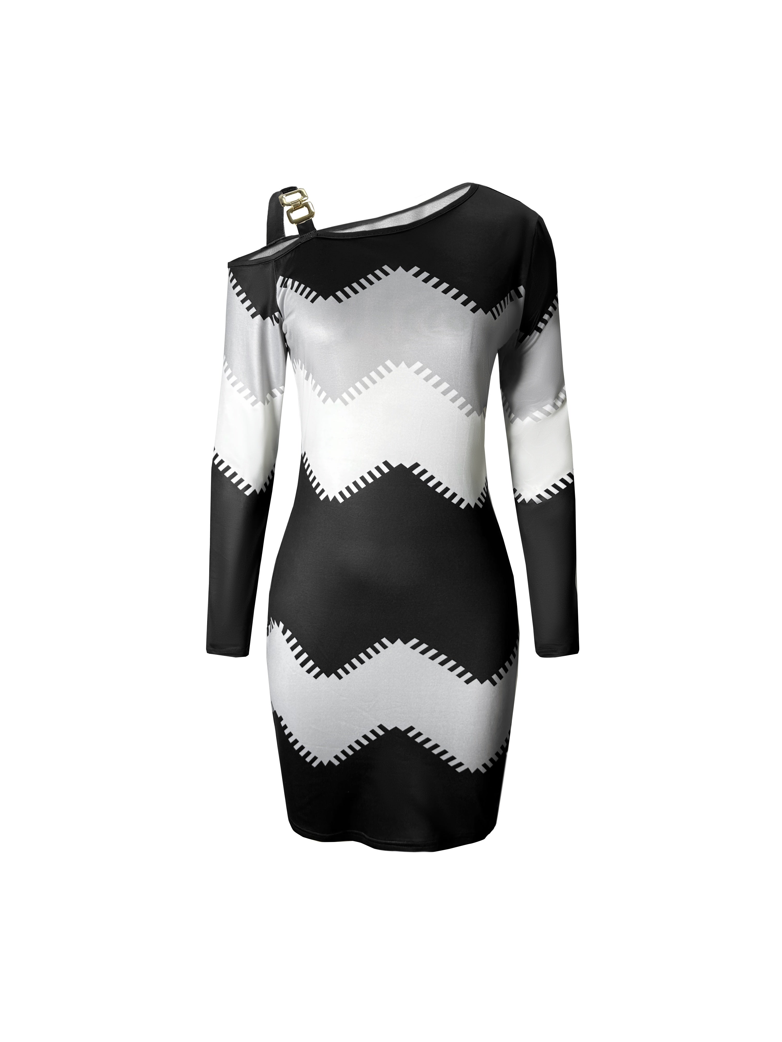 Print Off-Shoulder Color Block Dress for Women - Chic Long Sleeve, Zigzag Pattern, Stretchy Polyester Blend with Chain Detail, Machine Washable - Perfect for Spring & Fall