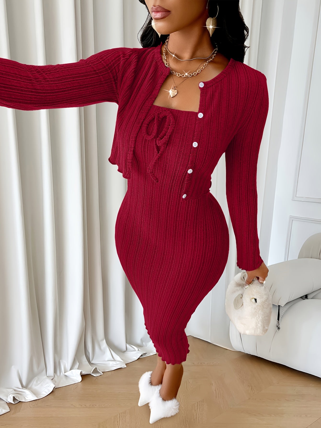 Women's Casual Simple Fashion Textured Solid Color Bow Tie Bodice Dress with Short Jacket Two Piece Set