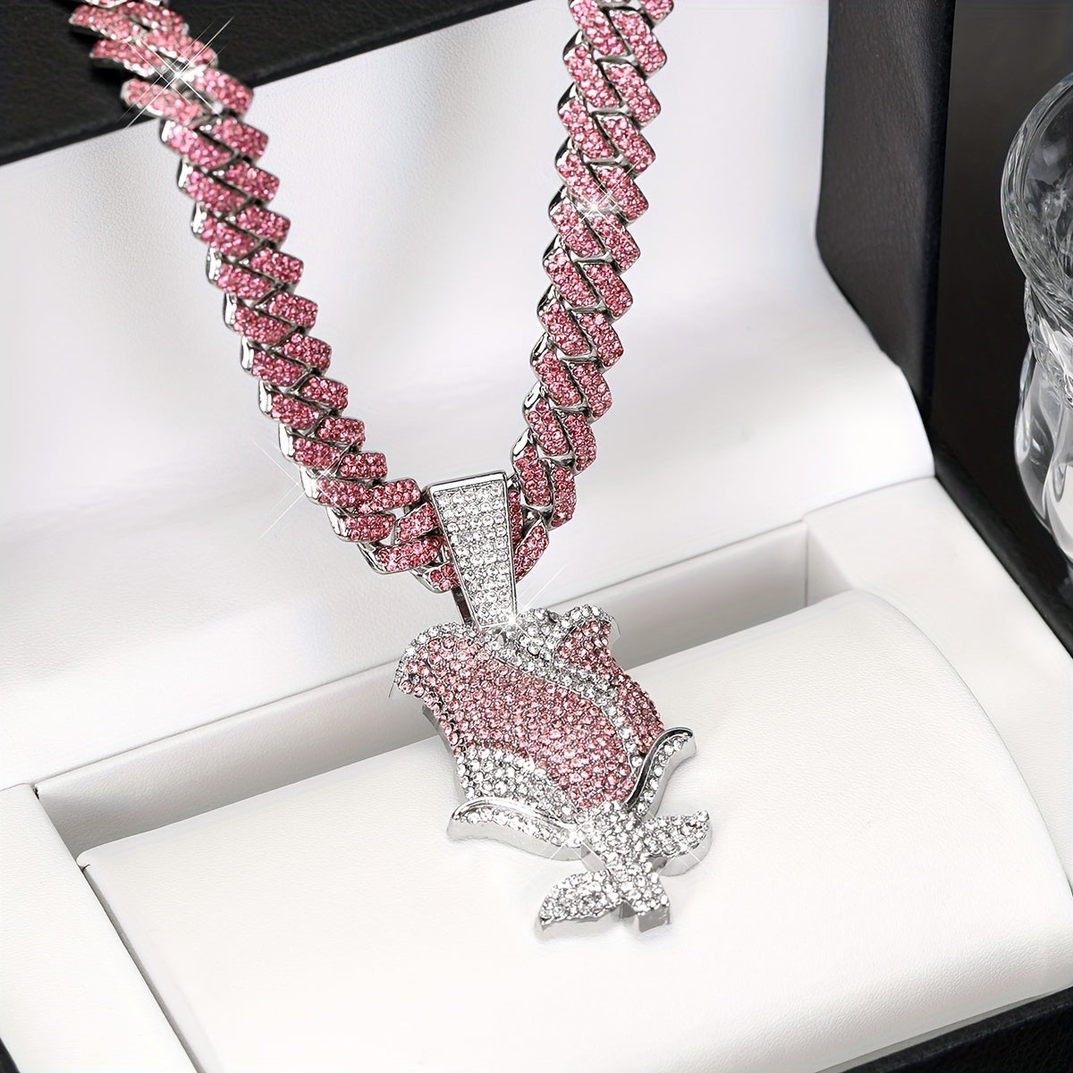 [Pink Rose Ladies Pendant] Elegant Pink Rose Pendant Necklace - Full Water Drill, Perfect for Daily Wear and Gifts
