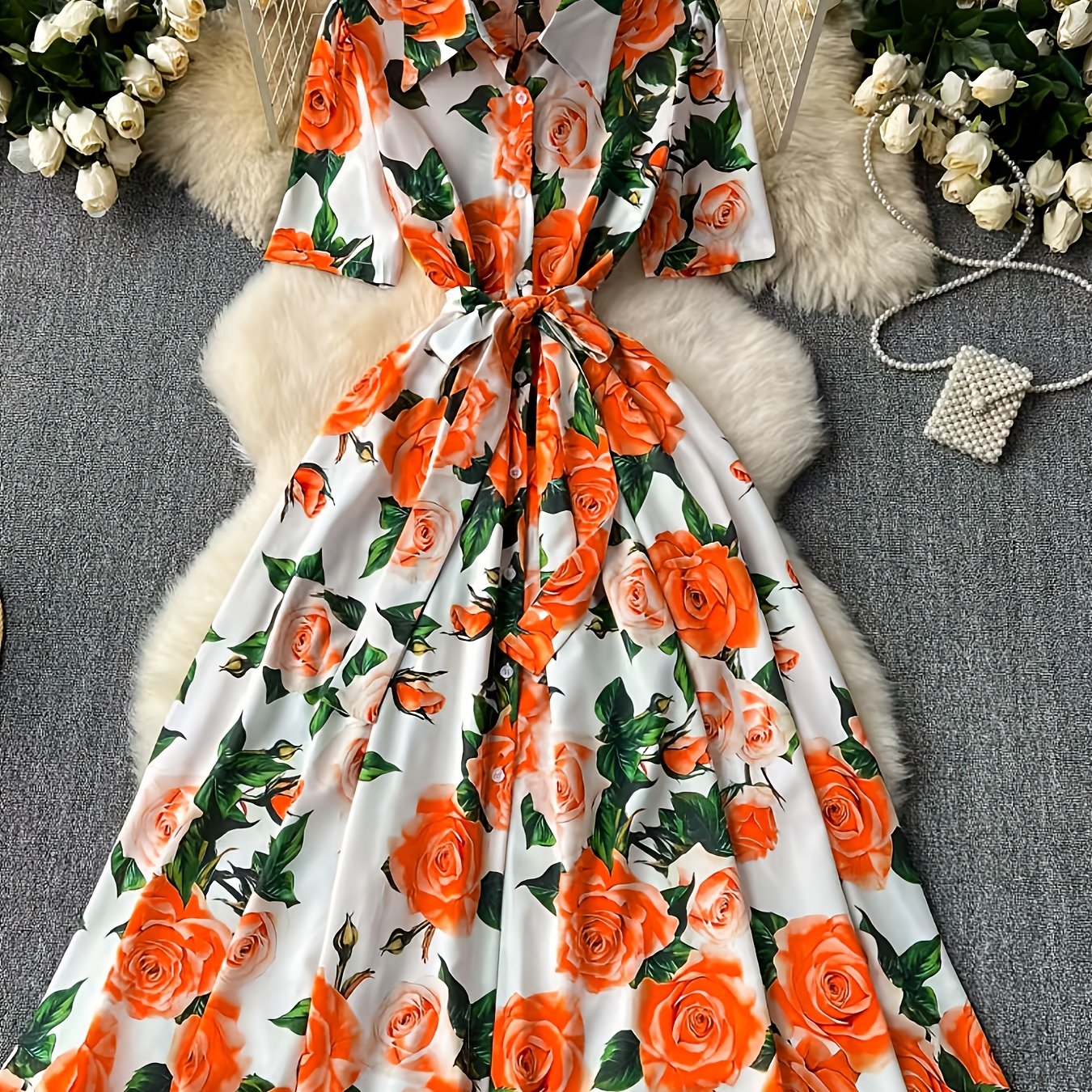 Elegant Women'S Floral Print Dress with Short Sleeves, Lapel Collar, and Cinched Waist - Romantic Rose Design, Perfect for Spring Outings, Garden Parties, and Casual Events, Garden Party Dress | Floral Print Dress | Stylish D