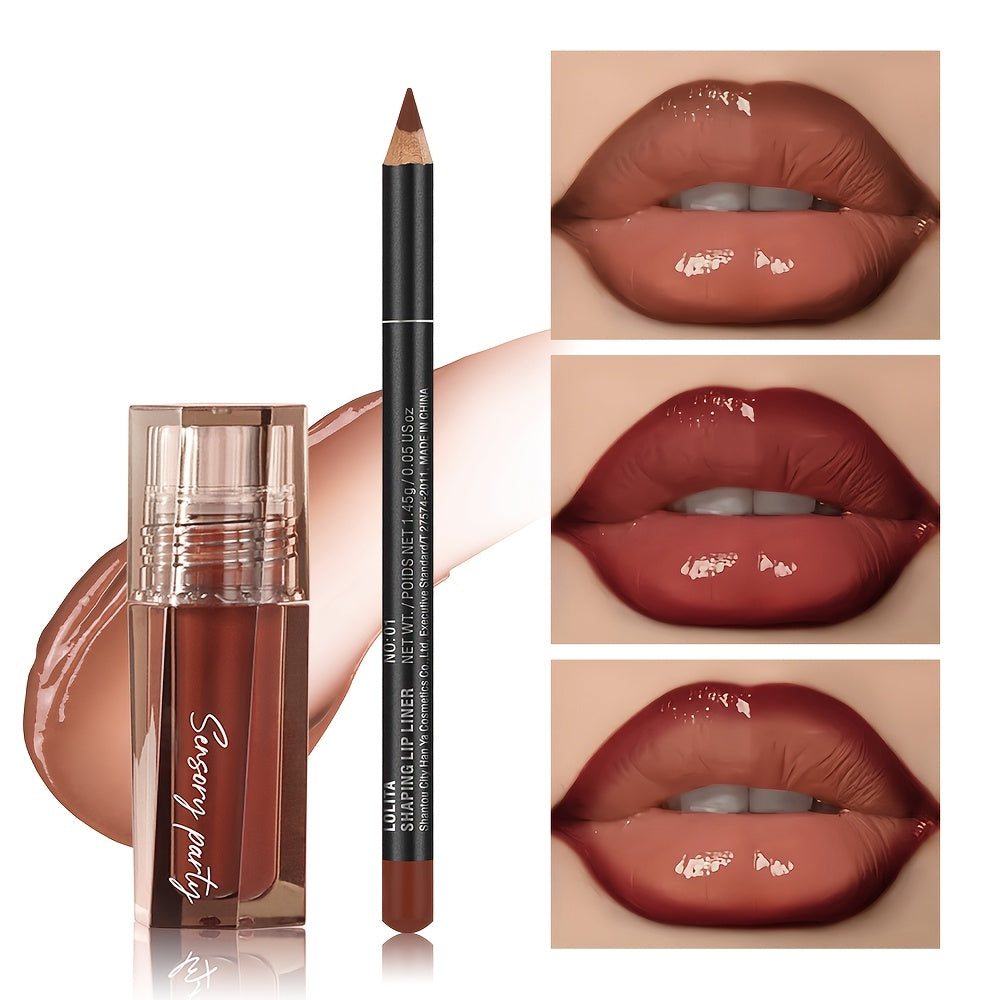 Pudaier Hydrating Lip Gloss & Lip Liner Set - 3D Precision Lip Definition, Dewy Finish for Every Occasion, Long-Lasting Matte Lipstick in Brown, Perfect for All Makeup Styles, Adult Skincare, Everyday Lip Care | Matte Lipstic