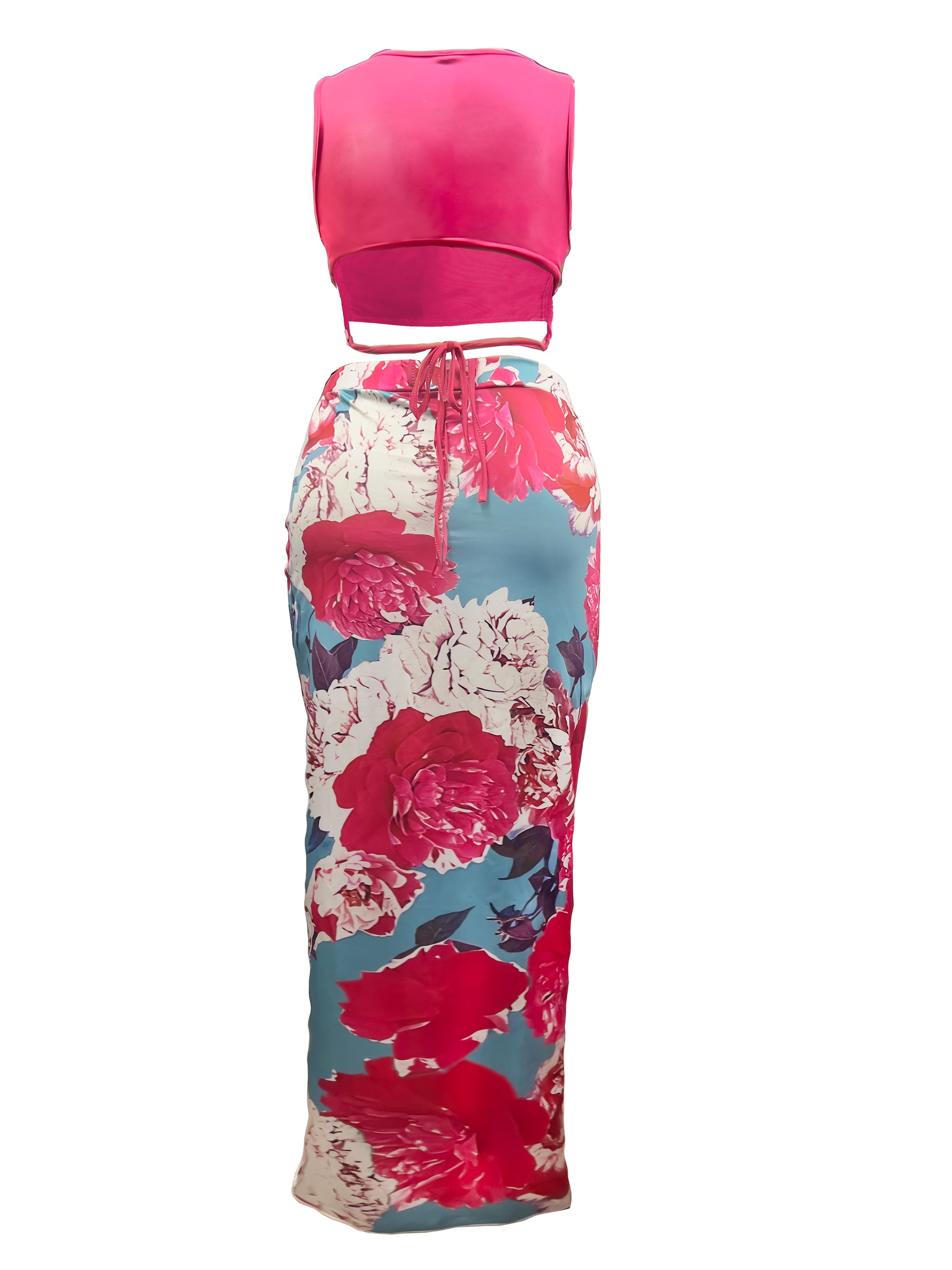 Elegant Floral Print Two-Piece Set for Women - Crop Tank Top & High Slit Skirt with Drawstring Detail, Polyester, Machine Washable - Perfect for Spring/Summer, Short, Print