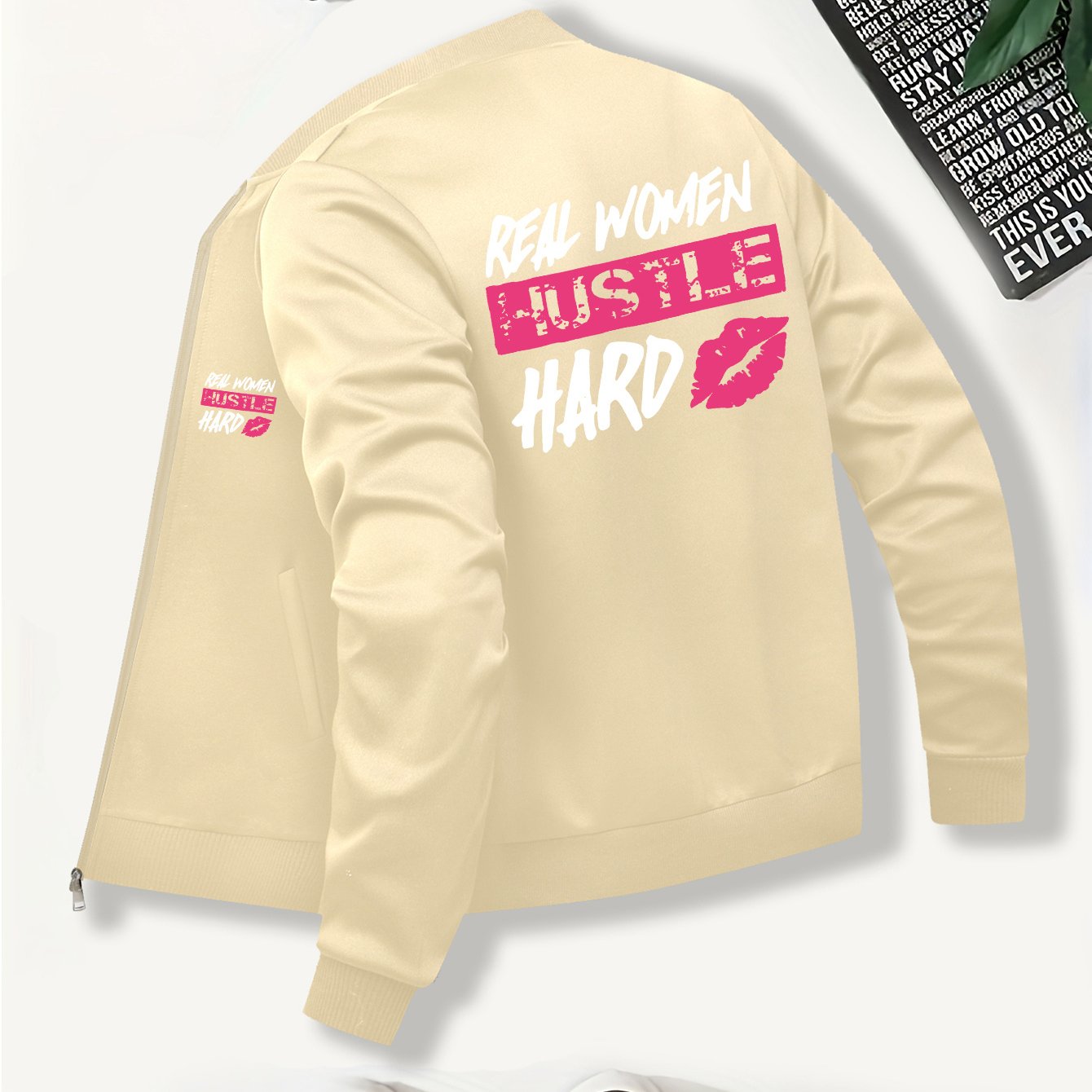 Everyday Comfort, Women's "Real Women Hustle Hard" Casual Bomber Jacket - Mint Green, Long Sleeve, Zip-Up with Pink Lips Graphic, Polyester Blend, Machine Washable, Motivational Apparel|Trendy Bomber Jacket|Smooth Texture Fab