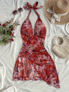 Women's Floral Print V-Neck Halter Sleeveless Dress - Lightweight Semi-Sheer Summer Dress with Ruched Waist & Ruffled Hem, Machine Washable for Beach, Casual, or Evening Outfits, Beach Wear | Flowy Fabric, Beach Dress