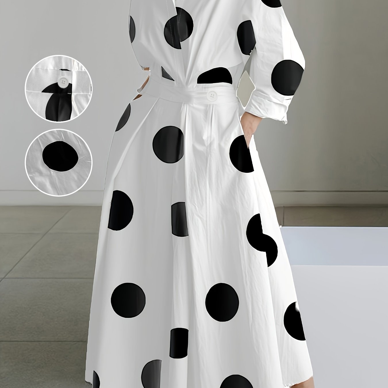 Women'S Elegant Long-Sleeve V-Neck Polka Dot Dress - White with Black Dots, Pencil Fit, Perfect for Spring/Summer/Fall, Casual Attire|Pencil Fit Dress|Vneckline Dress