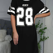 Women's Oversized Long T-Shirt Nightdress with Bold '28' Print & Letter Graphic - Soft Short Sleeve Lounge Dress for Home & Outings, Machine Washable Round Neck Casual Sleepwear, Versatile Nightdress | Modern Casual Dress | E