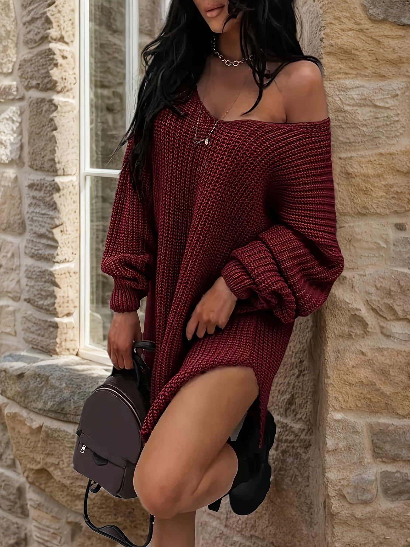 Women's Elegant Sexy Knitted Dress Loose Long Pullover Drop Shoulder Pullover Suitable for Spring And Autumn