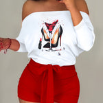 Color Block Graphic Print Romper Jumpsuit, Casual Off Shoulder Long Sleeve Tie Waist Slim Romper Jumpsuit, Women's Clothing