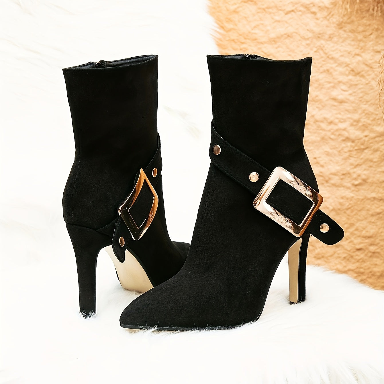 Chic Black Mid-Calf Boots for Women - Sleek Pointed Toe, Stiletto Heel with Side Buckle & Back Zipper, Versatile Fashion Ankle Booties