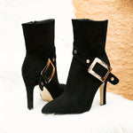 Chic Black Mid-Calf Boots for Women - Sleek Pointed Toe, Stiletto Heel with Side Buckle & Back Zipper, Versatile Fashion Ankle Booties
