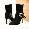 Chic Black Mid-Calf Boots for Women - Sleek Pointed Toe, Stiletto Heel with Side Buckle & Back Zipper, Versatile Fashion Ankle Booties