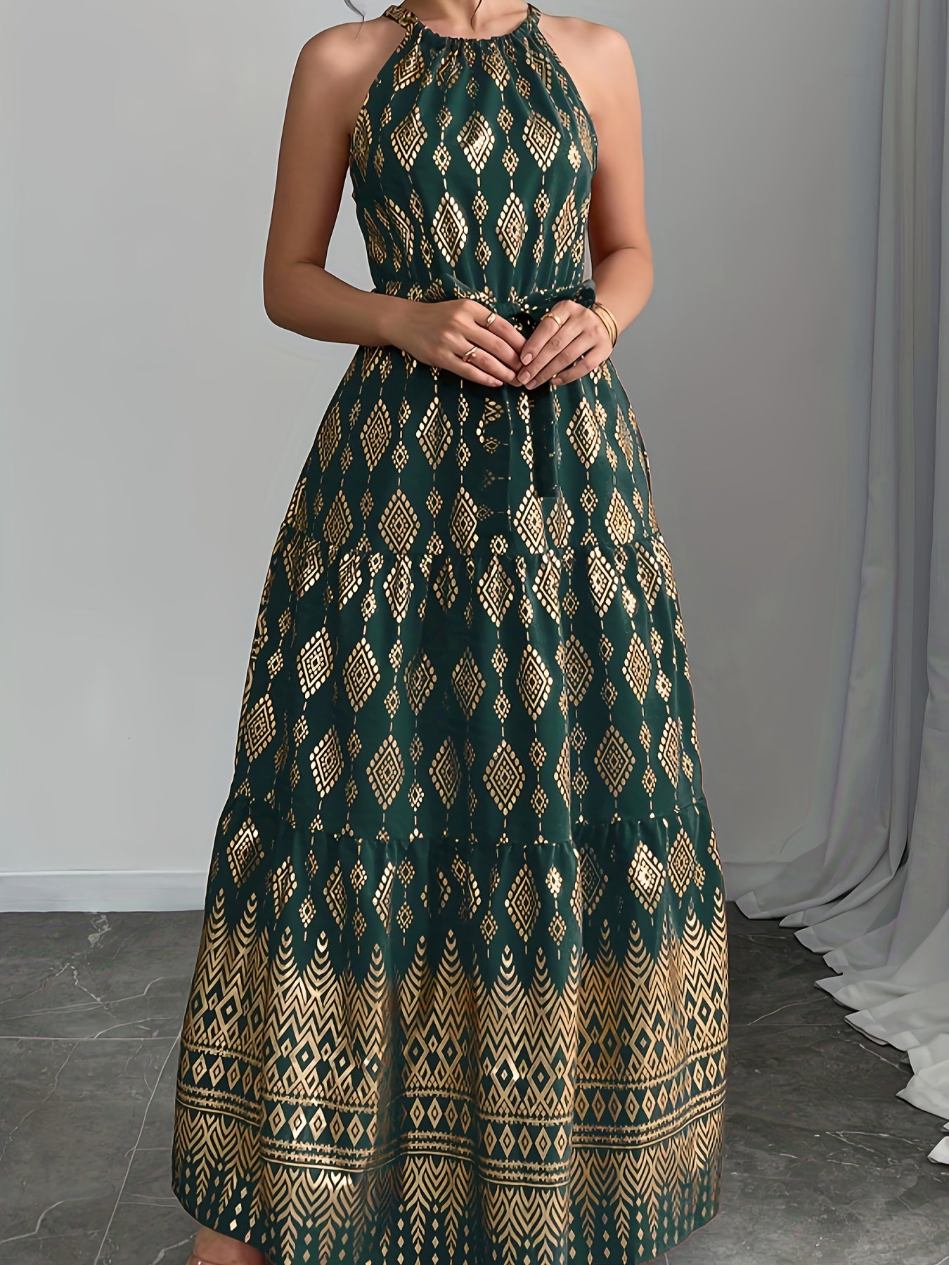 Women's Red Geometric Print Halter Neck Sleeveless A-Line Maxi Dress - Tie Waist, Vacation Style, Lightweight Polyester for Spring/Summer