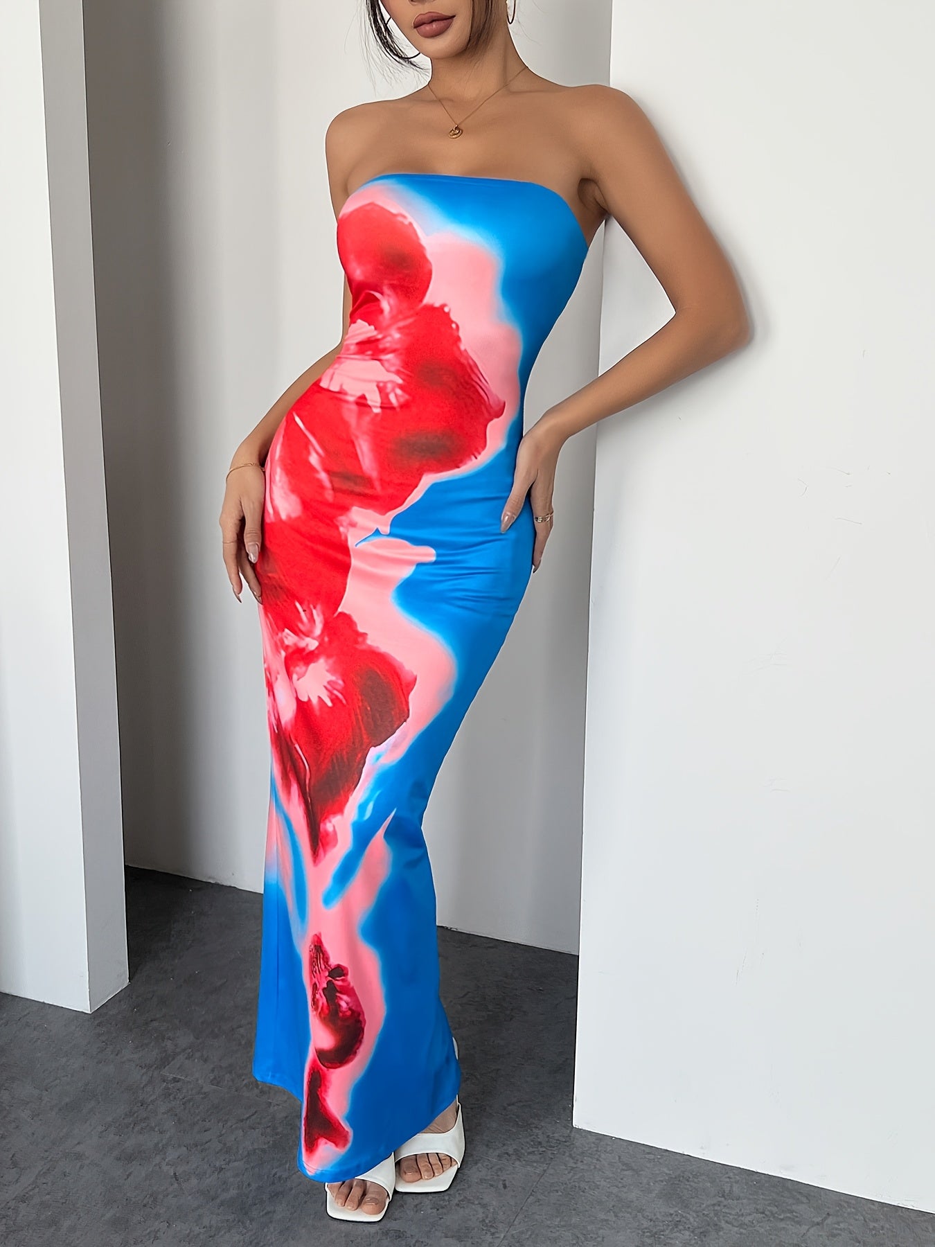 1pc Women's Romantic Floral Print Bandeau Dress, Sexy Polyester Knit Fabric with Split Detail, All-Season Strapless Maxi Dress for Adults
