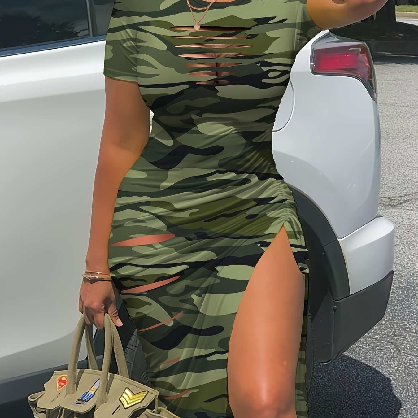 Sexy Camo Bodycon Dress - Crew Neck, Short Sleeve, Mid Elasticity, Polyester, Machine Washable, Random Printing, All-Season, Knit Fabric - Perfect for Spring & Summer, Young Womens Clothing