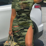 Sexy Camo Bodycon Dress - Crew Neck, Short Sleeve, Mid Elasticity, Polyester, Machine Washable, Random Printing, All-Season, Knit Fabric - Perfect for Spring & Summer, Young Womens Clothing