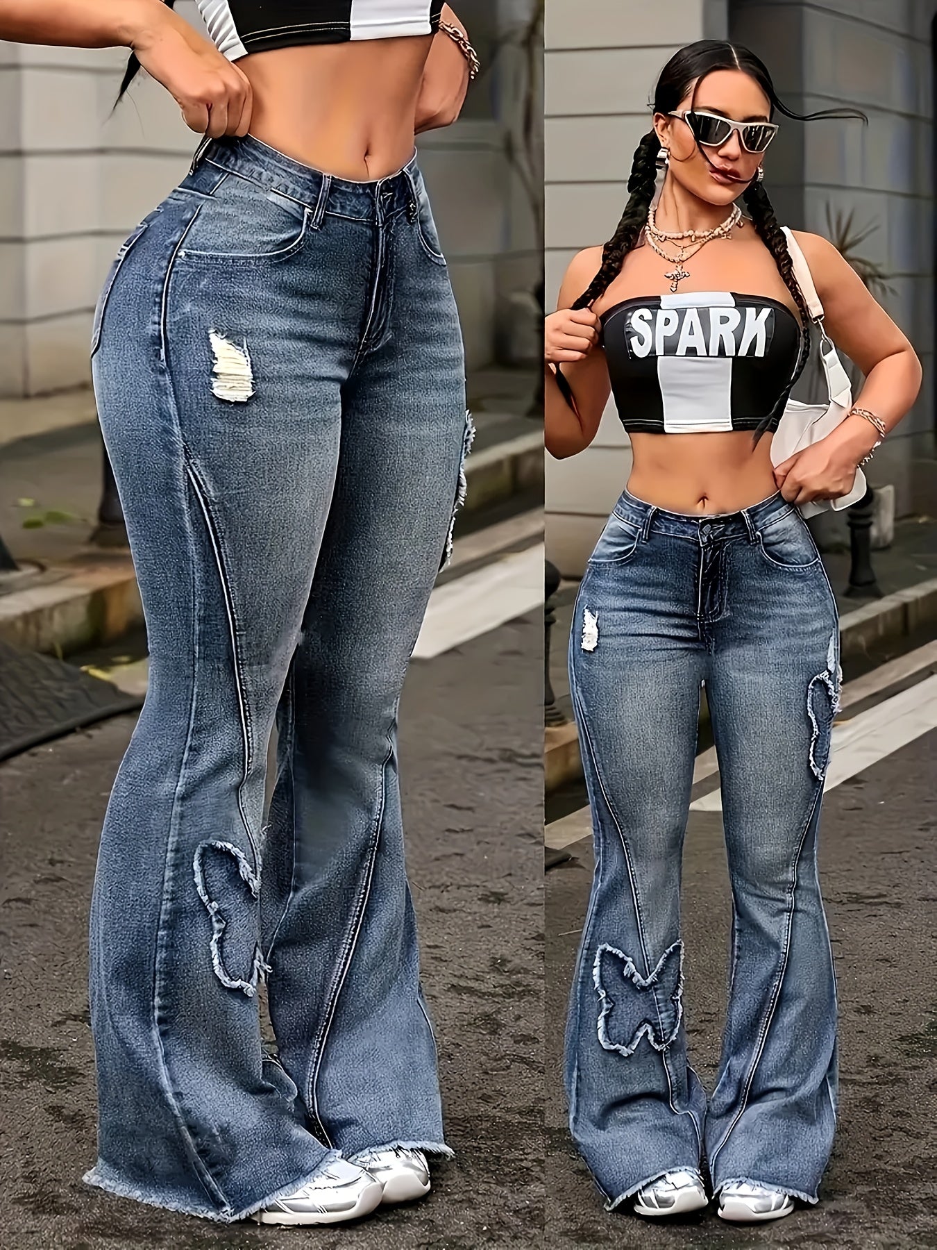 Women'S Oversized Flared Pants, Butterfly Trimmed Ripped Jeans With Frayed Edges, Slimming Effect, Fashionable, Street Style