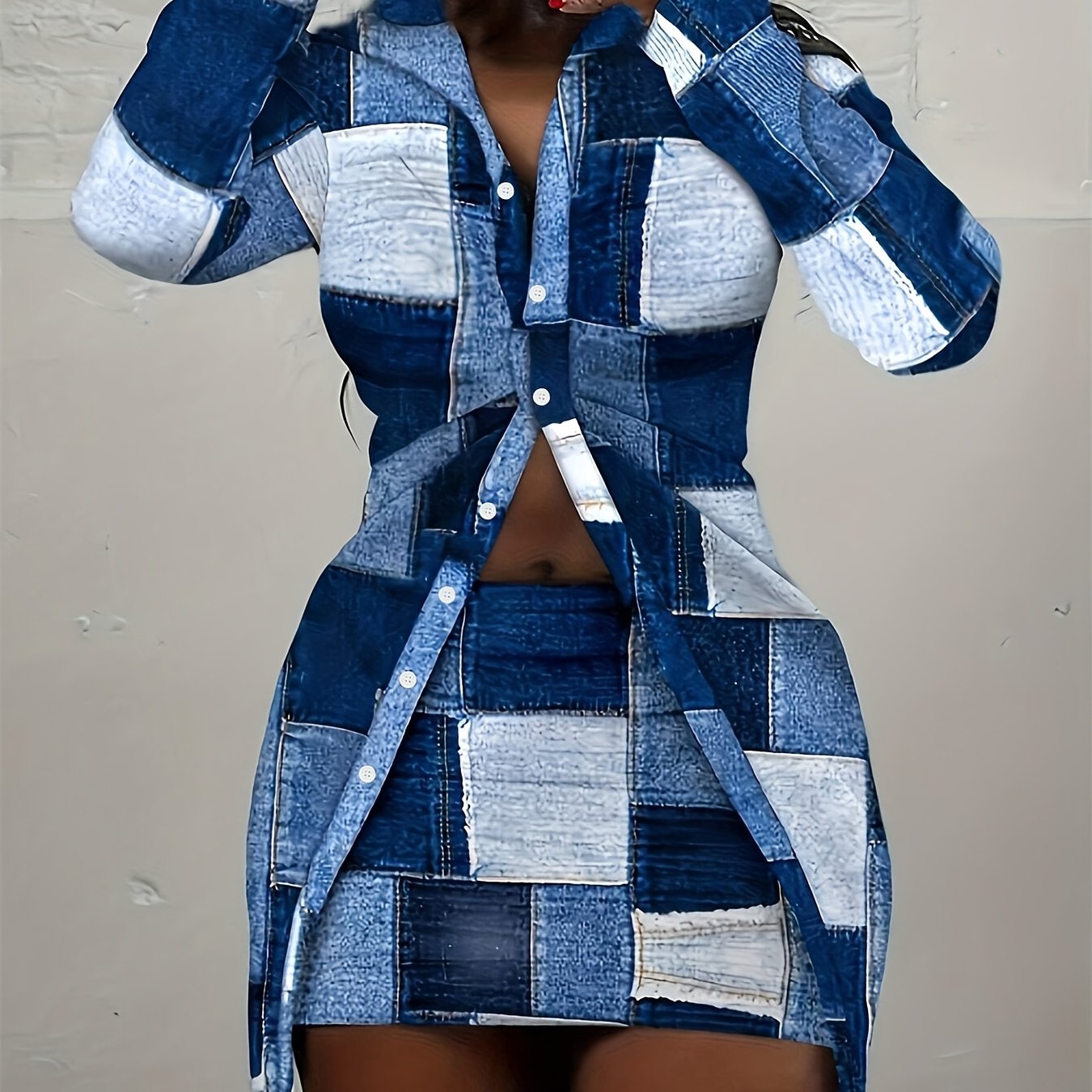 Ladies Plaid Printed Button-lapel Knitted Top And Skirt Suit, Spring And Summer Suitable For Daily Leisure And Business Office, Polyester Fiber, Women'S Wear