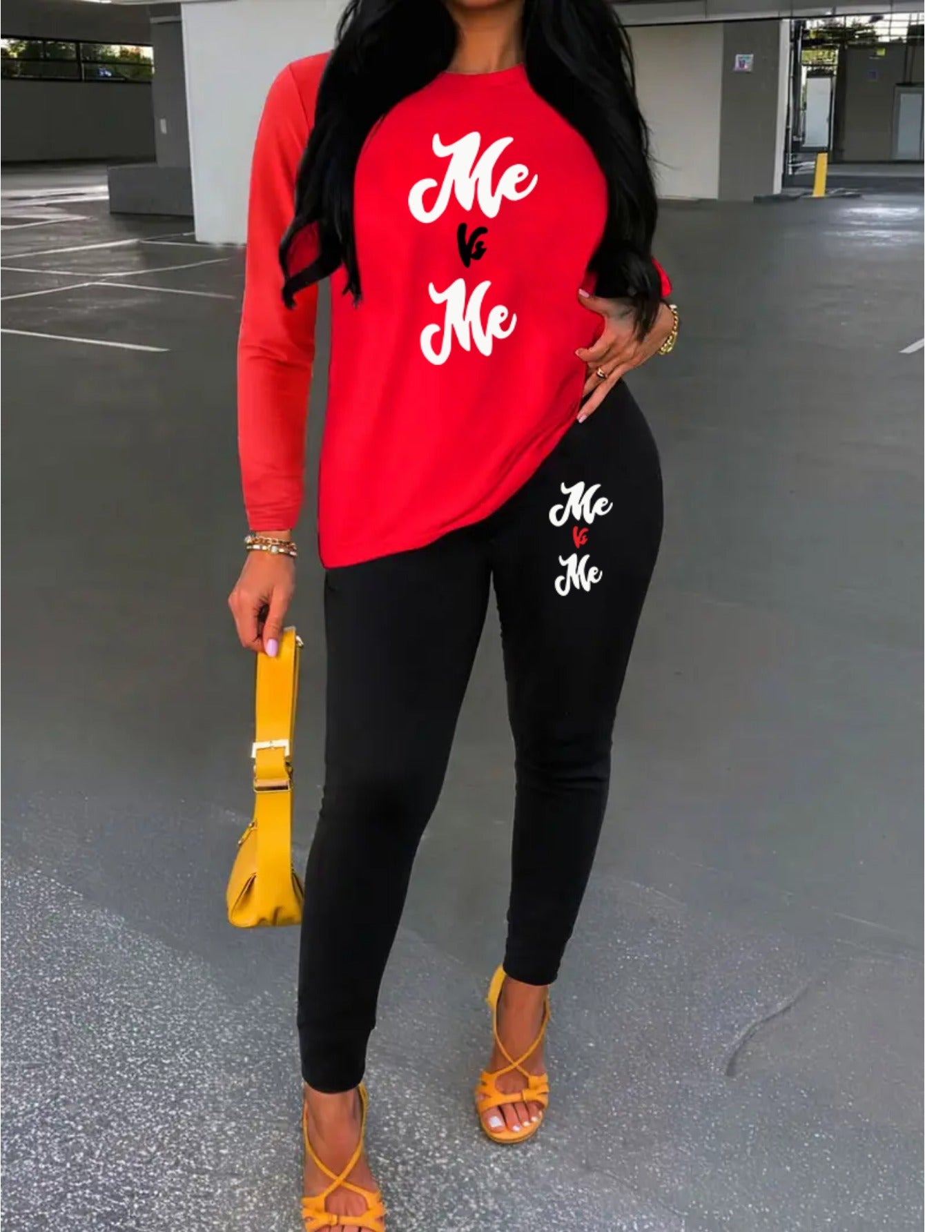 Women's Me Vs Me Print Long Sleeve Outfit - Made from Polyester Blend Knit Fabric, Round Neck Autumn/Winter Set, Includes Pants And Top, Perfect for Business And Casual Attire, an Ideal Gift Choice.