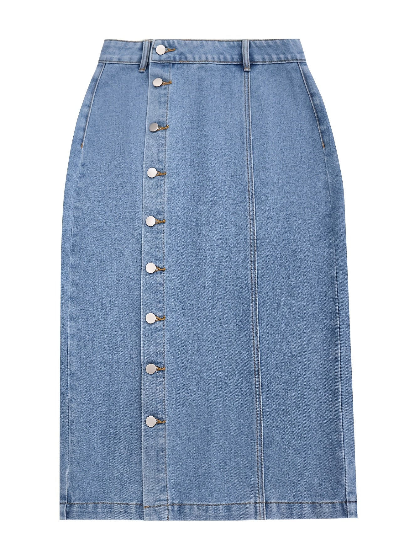 1pc NVFelix Women'S Casual Denim Midi Skirt, Front Button Detail, Solid Color, Non-Stretch, Straight Cut, Woven Fabric, for Spring/Summer/Autumn