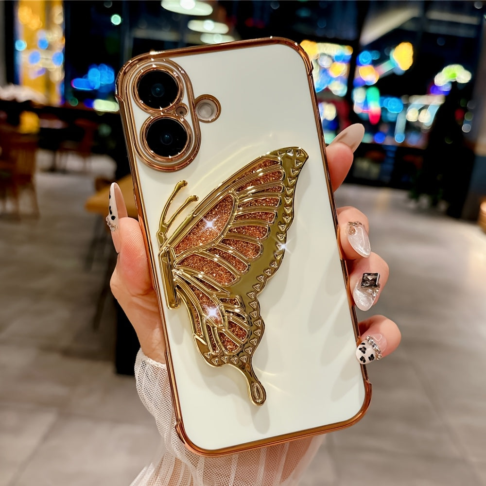 Luxury Plated Pattern Glitter Butterfly Holder Stand Phone Case Compatible with iPhone 12 13 14 15 16 Pro Max Plus Bumper Protector Cover