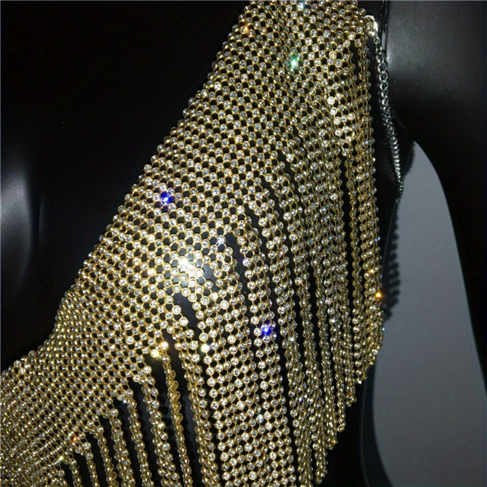Glamorous Golden-Tone Rhinestone Tassel Necklace - Luxurious Alloy Crop Top with Sparkling Fringe Detail, Perfect for Parties & Celebrations