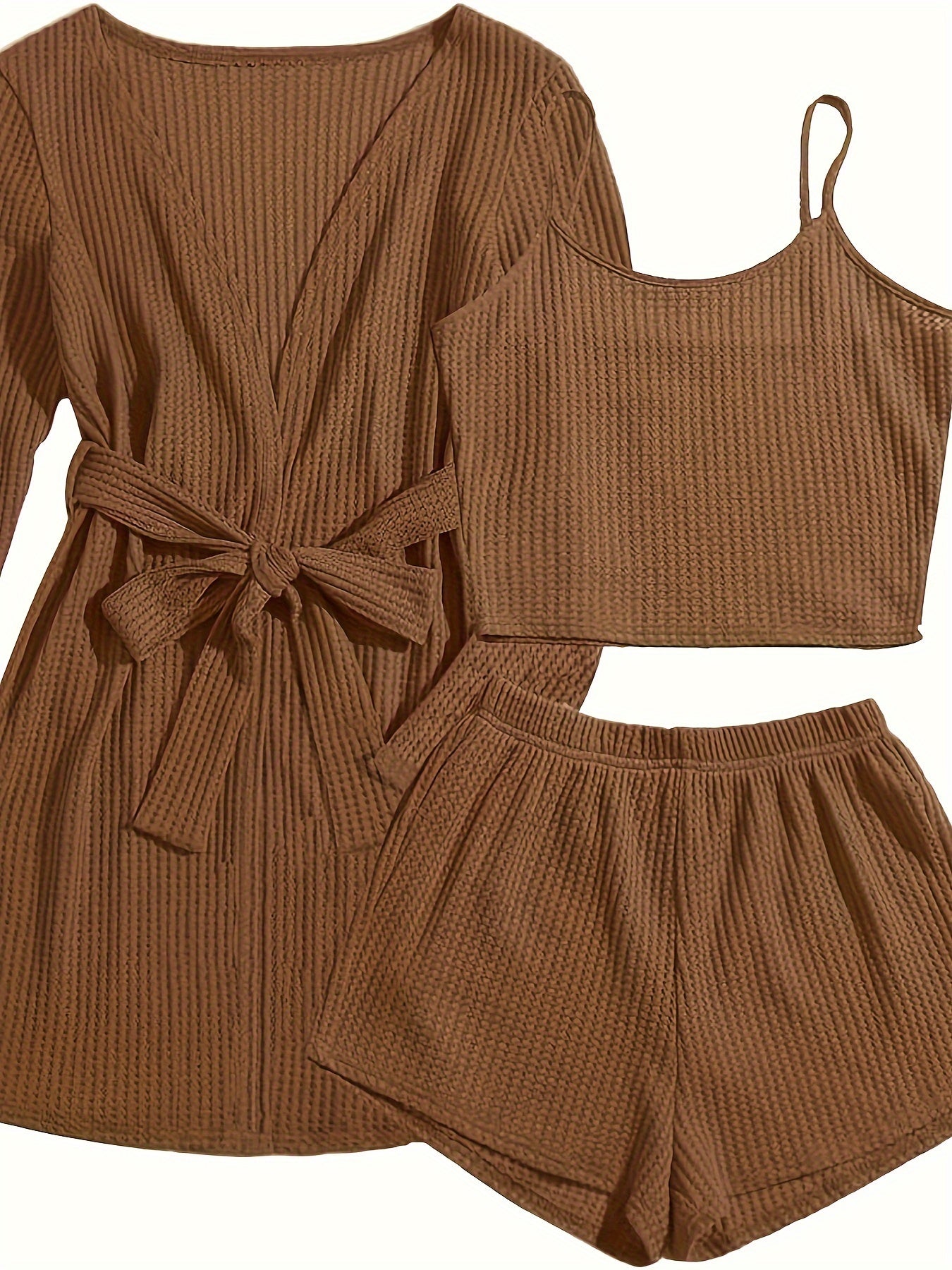 Women's Casual Solid Waffle Lounge Set, Long Sleeve Robe With Belt & Round Neck Backless Crop Cami Top & Shorts, Comfortable Relaxed Fit, Summer Home Wear