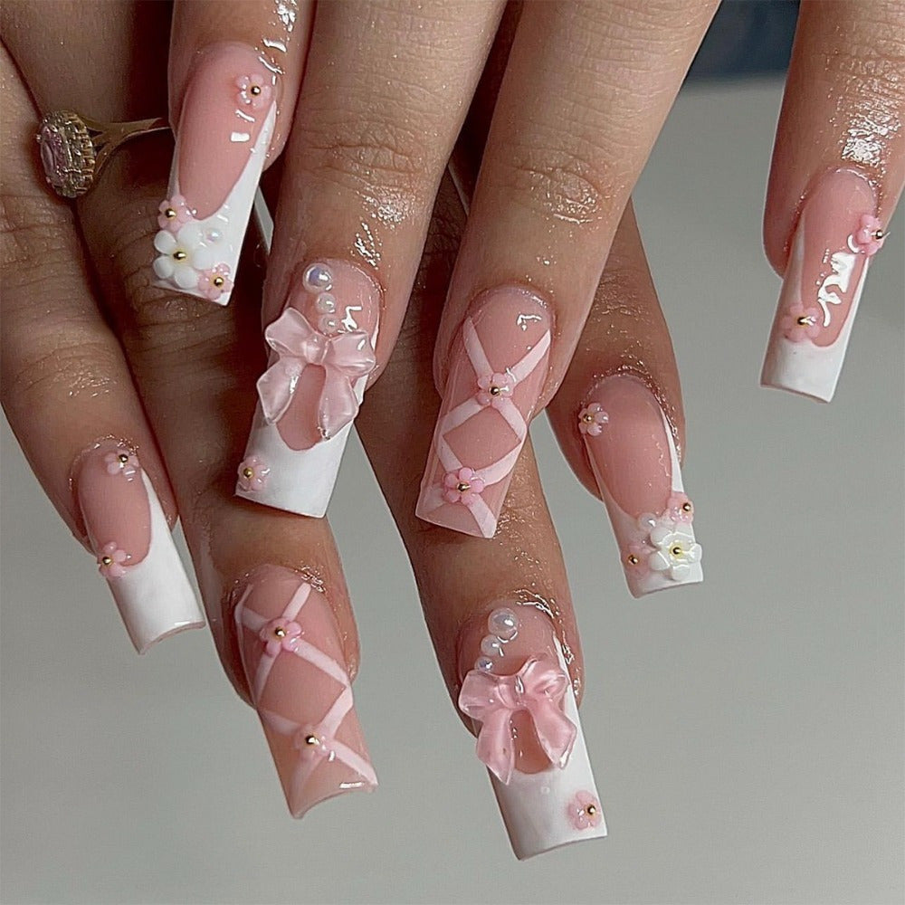 24pcss Press-On Nails, Elegant Pink French Style, Bow and Floral Designs, Coffin Shape, Perfect Fit and Lightweight, 4pcs Nail Tool Set, Ideal for Weddings and Parties, Makes You Irresistibly Charming!