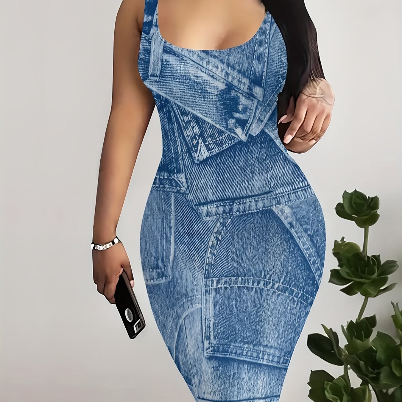 Faux Denim Print Crew Neck Tank Dress, Casual Sleeveless Bodycon Dress For Spring & Summer, Women's Clothing