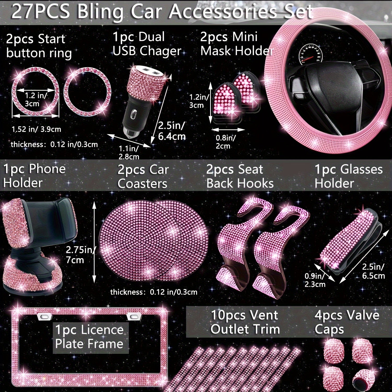 [Diamond Steering Wheel Cover] Artificial Diamond Steering Wheel Cover and Coaster Set - Car Decoration