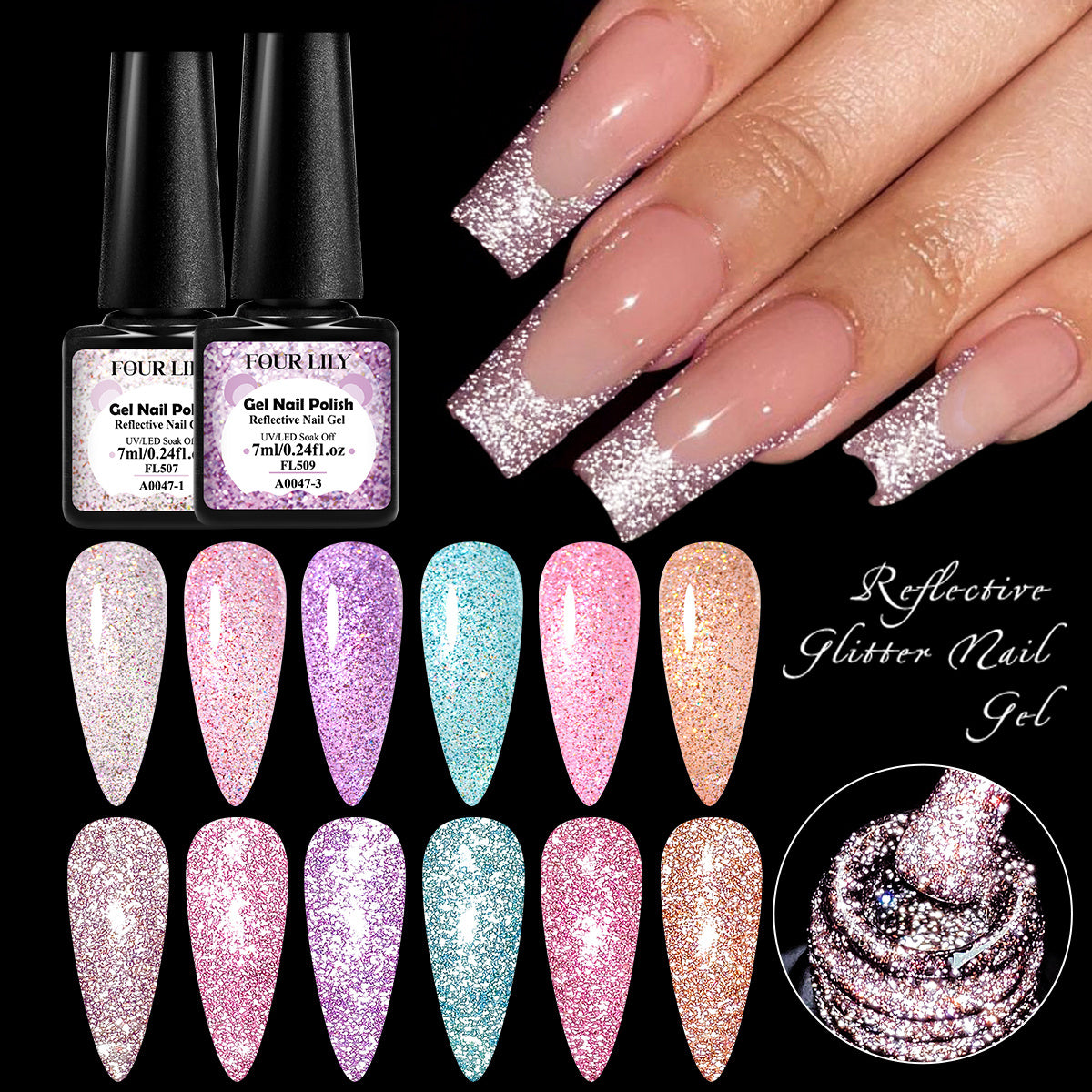 FOUR LILY 0.24oz Reflective Glitter Nail Gel - Semi-Permanent Soak Off LED Varnish for Manicure, Sparkling Pink & Purple Swirls, Long-Lasting Shine, Easy Application, Nail Art Gel | Glittery Nail Polish | Vibrant Colors, Nail
