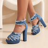 Women's Blue Denim Block Heel Sandals - Stylish Open Toe High Heels with Frayed Tassel Design, Synthetic Cover & Rubber Sole for Parties and Events