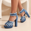 Women's Blue Denim Block Heel Sandals - Stylish Open Toe High Heels with Frayed Tassel Design, Synthetic Cover & Rubber Sole for Parties and Events
