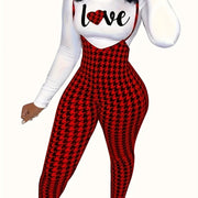 1pc Women's Sexy Houndstooth Pattern Jumpsuit, Polyester Knit Fabric with Elastane, Collarless Design, All-Season Fashion Pants, European And American Style, Geometric Pattern, Halter Neck
